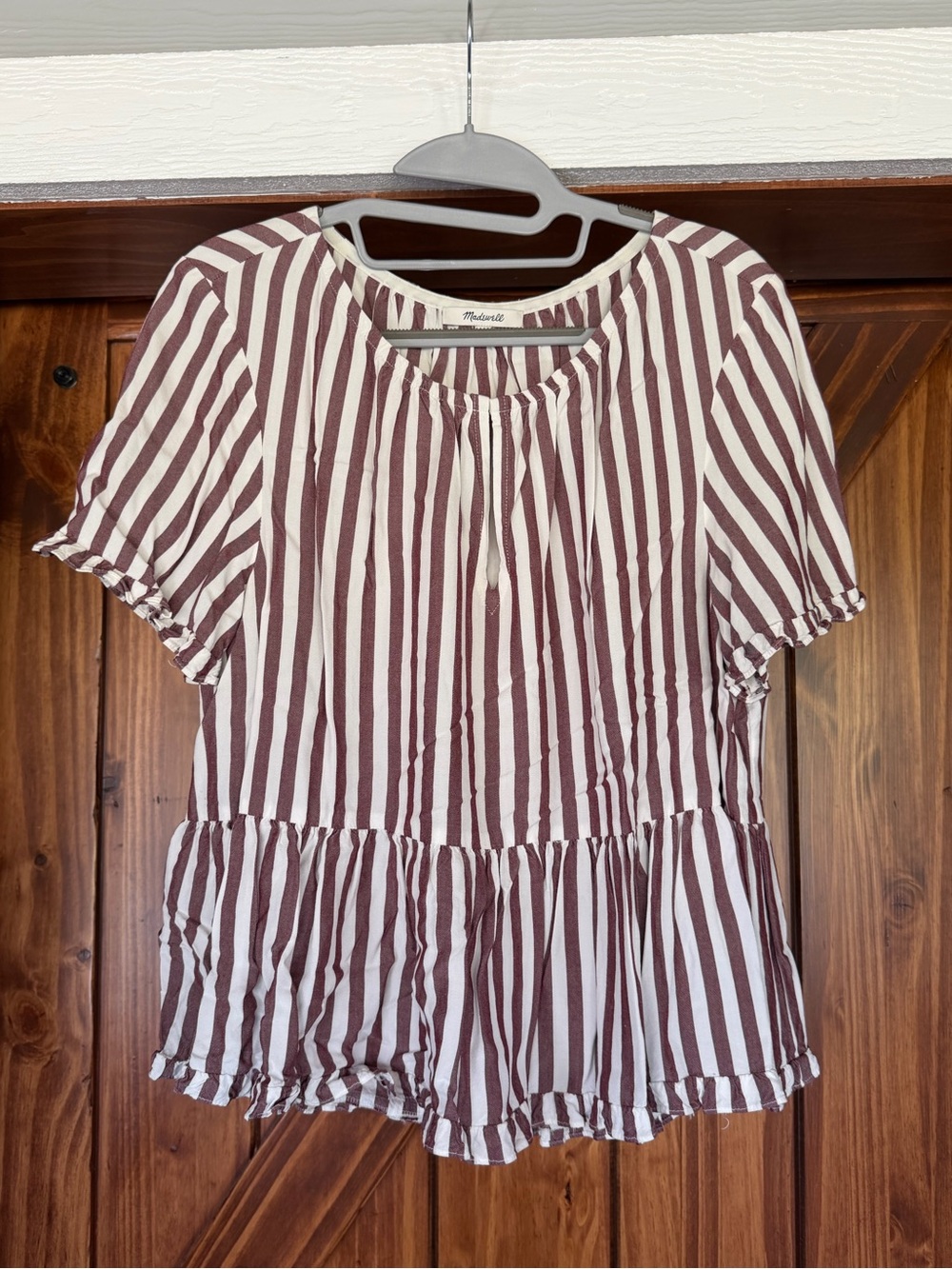 Madewell Burgundy and White Striped Short Sleeve Peplum Top